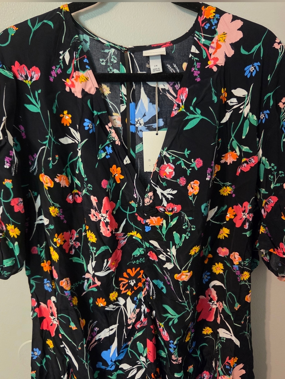 A New Day Womens Plus Size Black Puff Sleeve Floral Ruched Midi Dress. Sz 2X - Picture 6 of 10